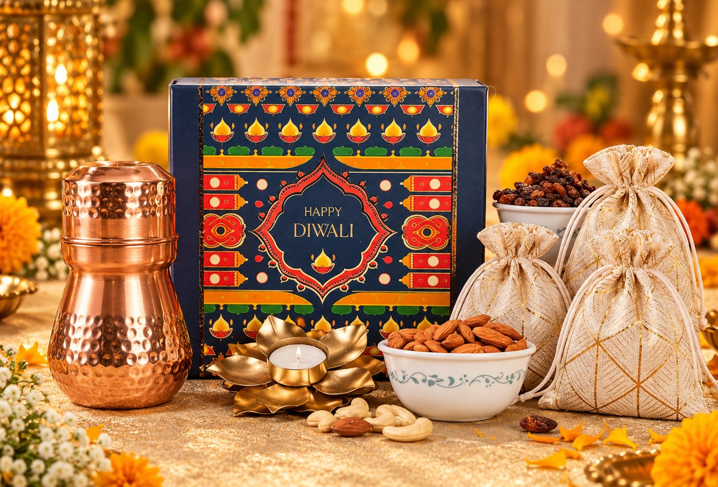 Copper Keepsake Diwali box with hammered copper pot, almonds and raisins