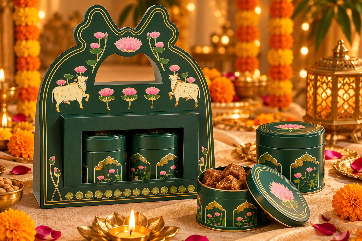 Duo Nut Delight Diwali gift with two lotus print nut tins