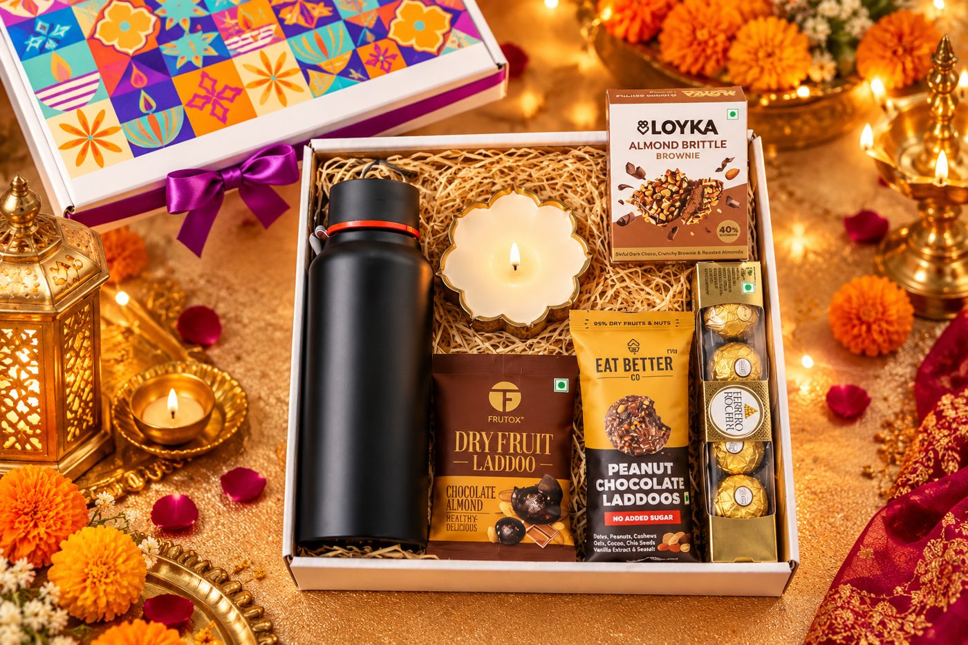 Festive Wellness Diwali tray with bottle, candle, laddoos and Ferrero Rocher