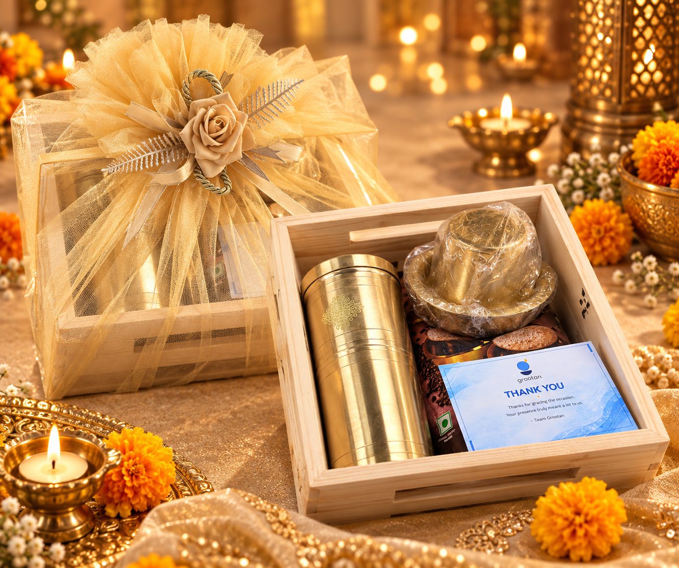 Filter Coffee Ritual Diwali hamper with brass filter and dabara