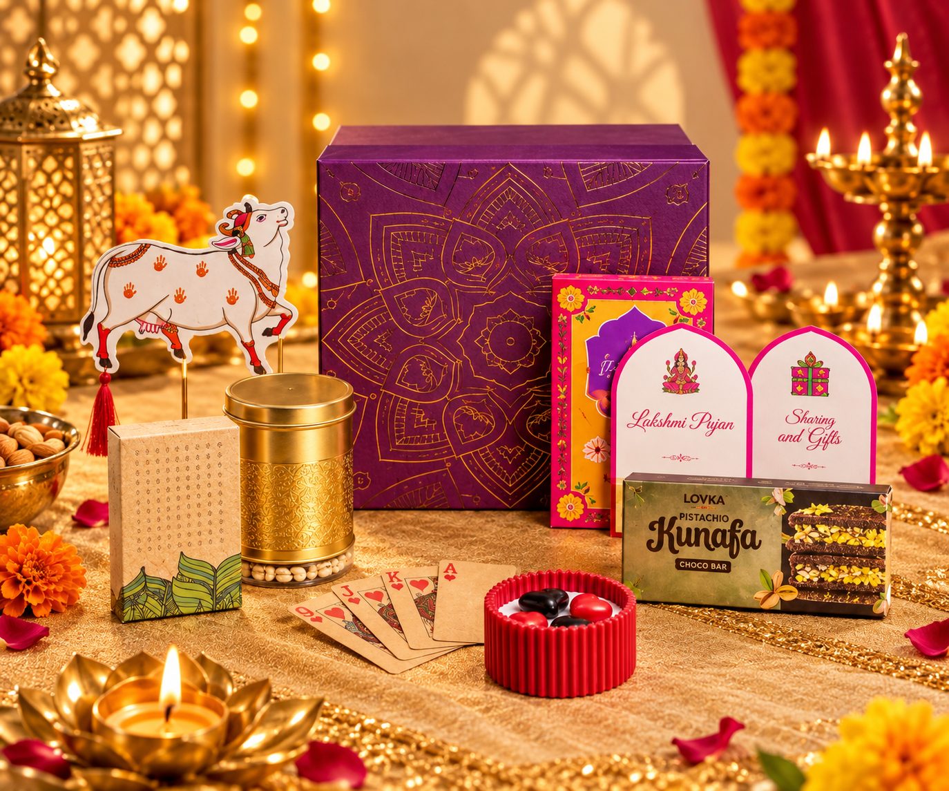 Game Night Diwali hamper with playing cards, nuts tin and Kunafa chocolate