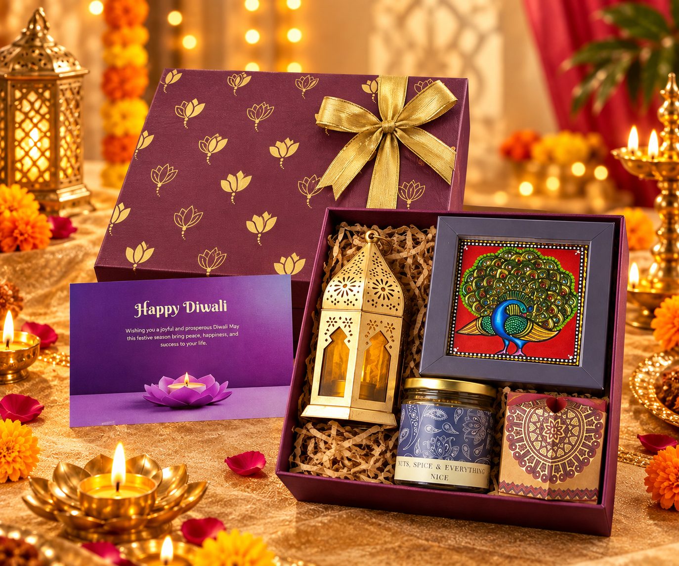 Lantern and Mosaic Diwali hamper with candle lantern and hand-painted peacock frame