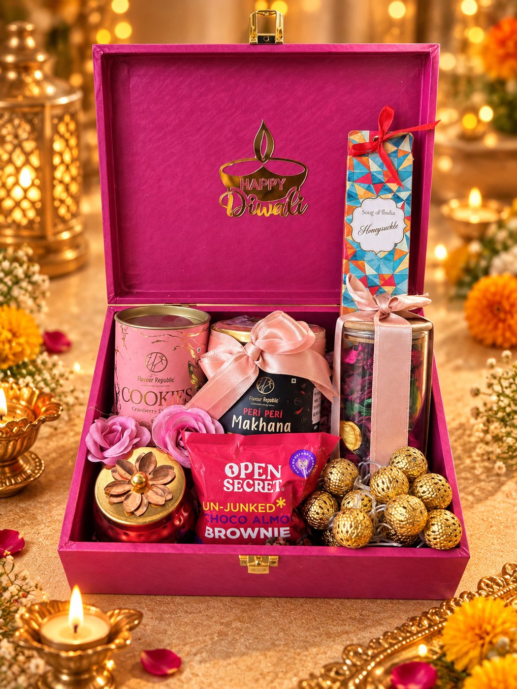 Lotus Bloom Diwali hamper in a pink velvet box