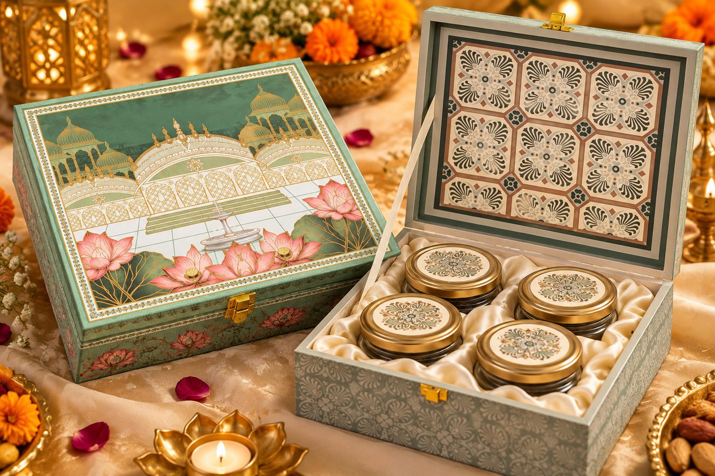 Quartet of Nuts Diwali keepsake box with four jars