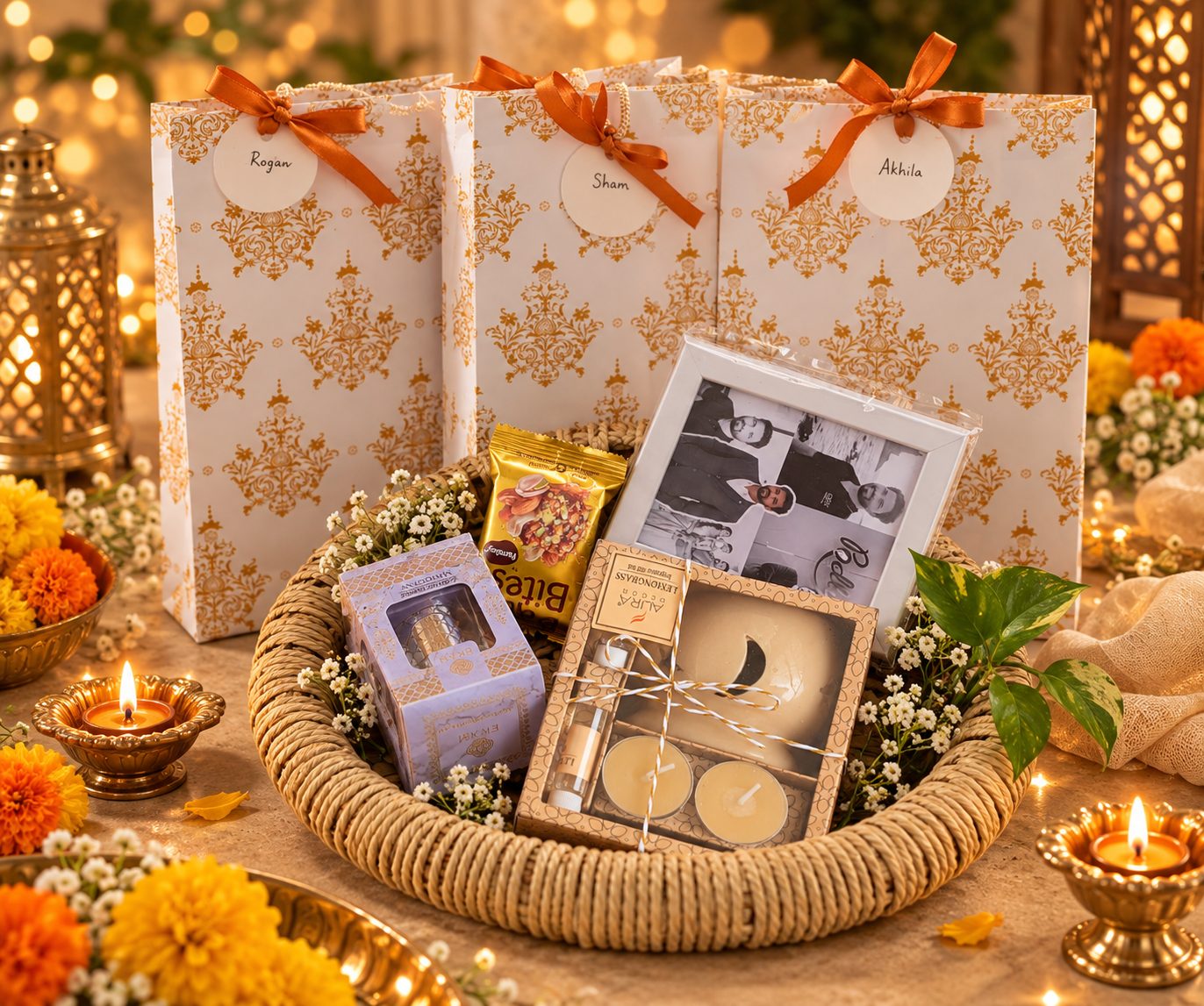 Serene Home Diwali basket with reed diffuser, candle and photo frame