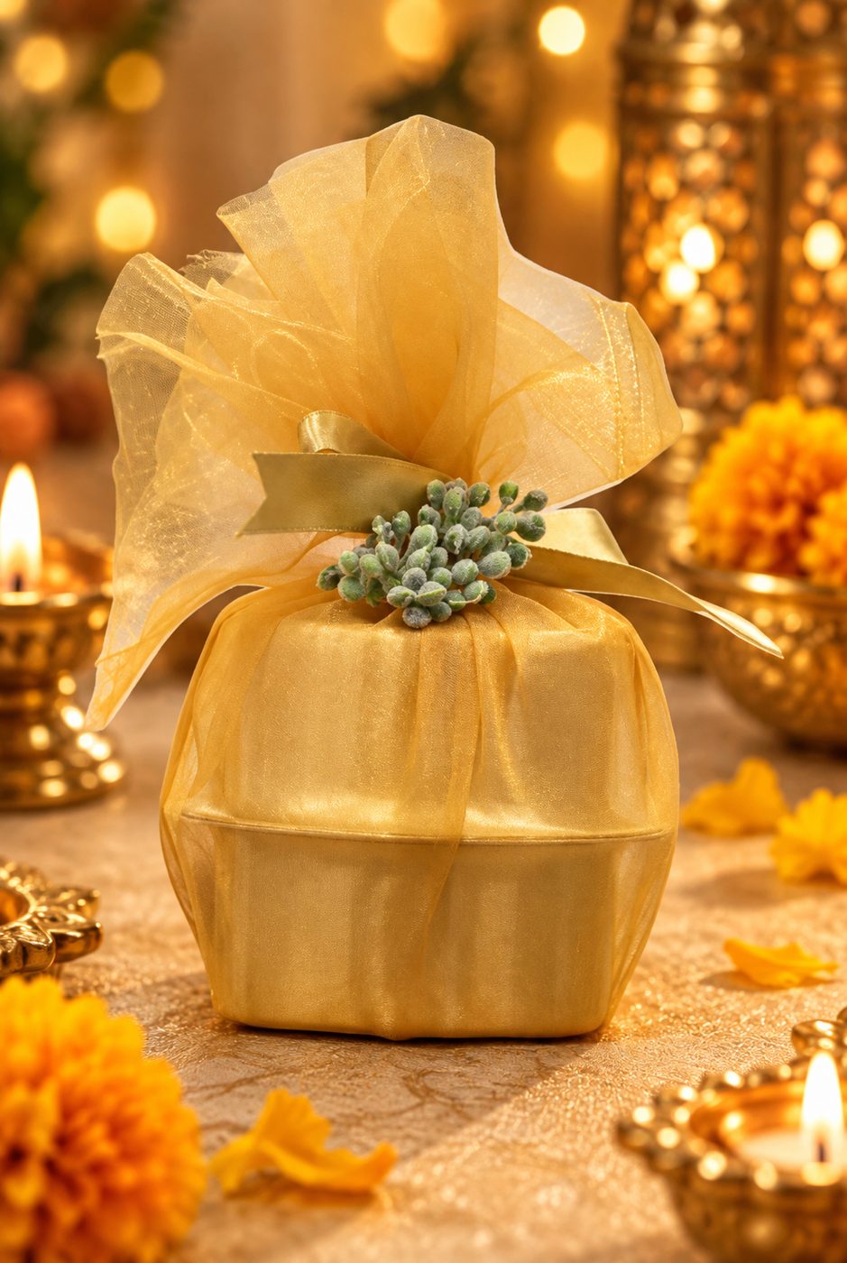 Sweet Glow Diwali gift wrapped in gold organza