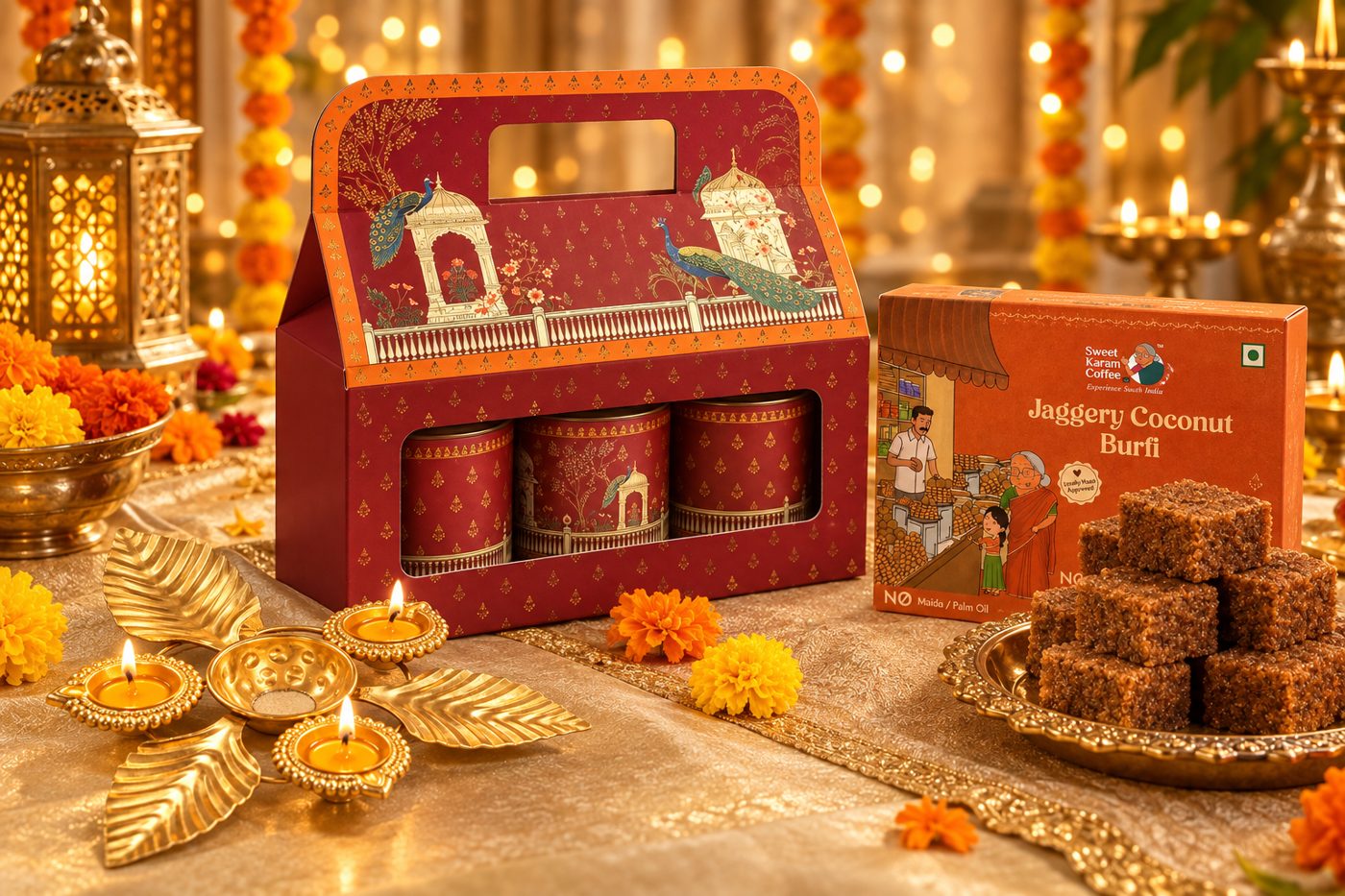 Sweet and Nutty Diwali carry box with nut tins and jaggery coconut burfi