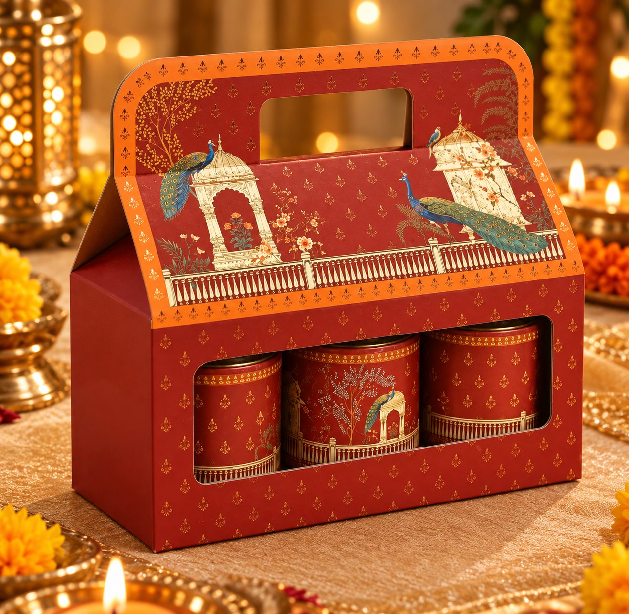 Trio of Nuts Diwali carry box with three peacock print tins
