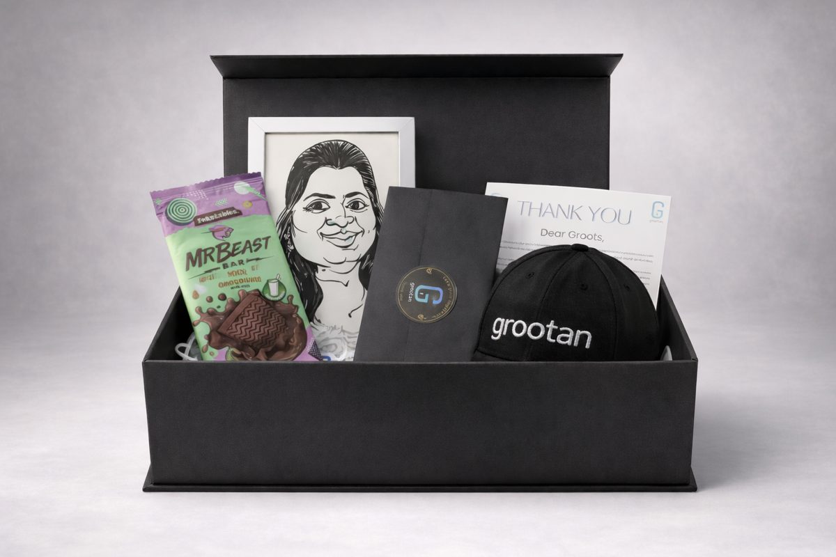 Personalised corporate hamper with caricature, cap and thank-you card